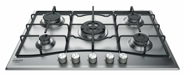 Table de cuisson à gaz Hotpoint Ariston PCN 752 T/AS/HA - Neuf: Largeur 75 cm, insérable dans un compartiment de 60 cm, 5 brûleurs dont un à triple couronne, finition en acier inoxydable anti-rayures, électronique et 3 grilles émaillées