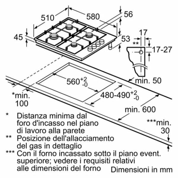 Table de cuisson gaz Bosch PBP6B5B80 - Neuf: 4 brûleurs, grille en acier, boutons de commande latéraux, surface en acier inoxydable – Image 6