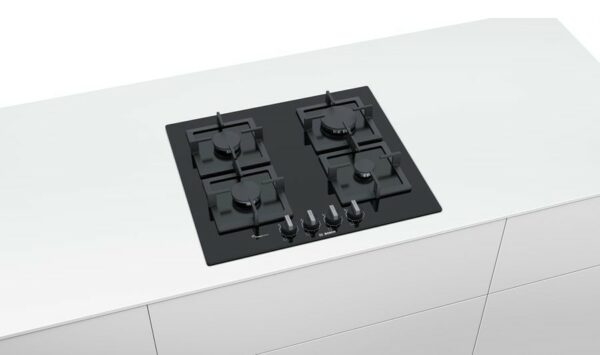 Table de cuisson Bosch PPP6A6B20 - Design élégant, facile à nettoyer - Réglage de la flamme sur 9 niveaux - Installation à fleur ou légèrement surélevée - Grilles et poignées pontantes en fonte - Neuf – Image 5