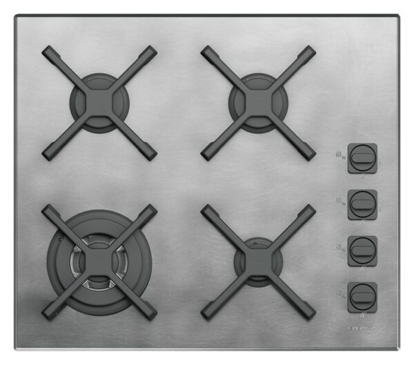Cuisinière à gaz Barazza UNIQUE 1PUN64 - Neuf: Look granuleux et décisif, finition vintage en acier inoxydable et noir mat des brûleurs et des grilles en fonte. Largeur de 60 cm, 4 brûleurs dont un à triple couronne