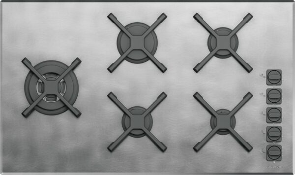 Cuisinière à gaz Barazza UNIQUE 1PUN95 - Neuf: Finition vintage en acier inoxydable, brûleurs monoblocs noirs mat et grilles en fonte. Large de 86 cm avec 5 brûleurs, dont un à triple couronne