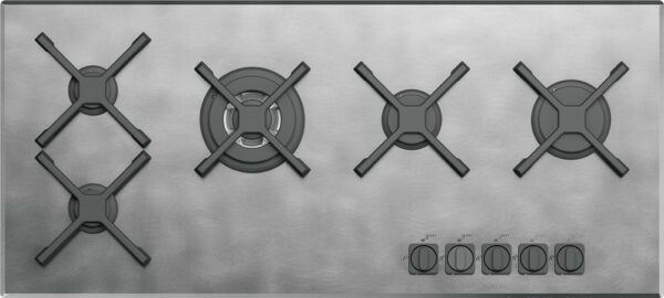 Cuisinière à gaz Barazza UNIQUE 1PUN105 - Neuf: Finition vintage en acier inoxydable avec brûleurs monoblocs noirs et grilles en fonte. Large de 100 cm, 5 brûleurs dont un à triple couronne
