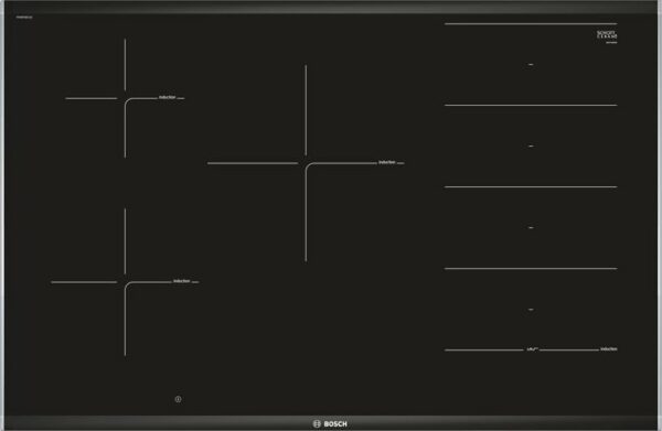 Plaque à induction Bosch PXV875DC1E - Neuf: Cuisson parfaite avec capteur à 5 niveaux, grande flexibilité et puissance accrue de 50%. Profilés en vitrocéramique noire et métal – Image 3