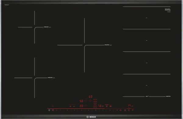 Plaque à induction Bosch PXV875DC1E - Neuf: Cuisson parfaite avec capteur à 5 niveaux, grande flexibilité et puissance accrue de 50%. Profilés en vitrocéramique noire et métal