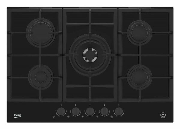 Plaque de cuisson à gaz 75 cm - verre noir avec boutons en acier inoxydable foncé BEKO HILW 75325 SDX Ligne noircie avec grilles en fonte - Neuf