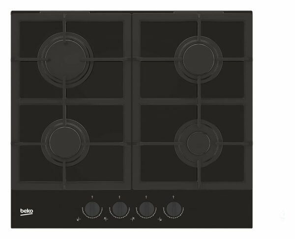 Table de cuisson à gaz 60 cm - verre noir avec boutons en acier inoxydable foncé BEKO HILG 64325 SDX Ligne Blacken avec technologie FlameAdjust - Neuf