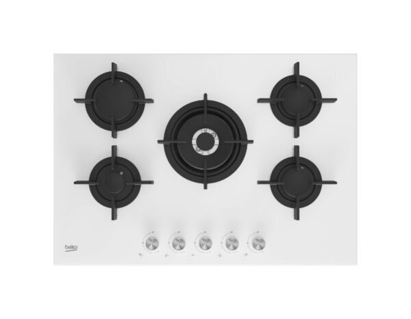 Plaque de cuisson gaz 75 cm - verre blanc BEKO HILW 75222 SW Ligne Shades avec brûleurs High Efficiency™ - Neuf