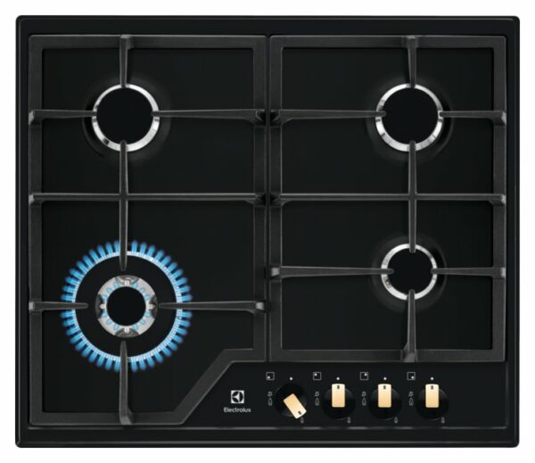 Table de cuisson à gaz Electrolux EGS6436RK - Noir mat - 4 brûleurs multifeux - Grilles en fonte - Arrêt automatique du gaz - Neuf