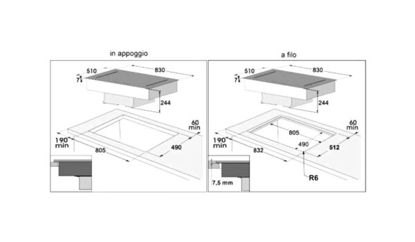 Table de cuisson à induction Baraldi DIAMOND FLEXI cm. 83 - avec hotte intégrée 700 m3/h - vitrocéramique noire – Image 8