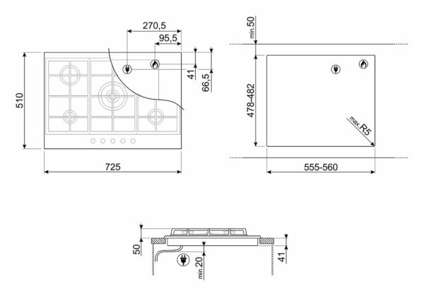 Table de cuisson à gaz Smeg Design PX175 Linea cm. 70/75 - 5 feux - inox – Image 5