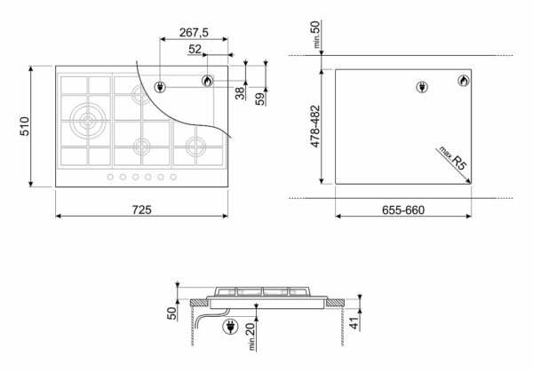 Table de cuisson à gaz Smeg Design PX375L Classica cm. 70/75 - 5 feux - inox – Image 4