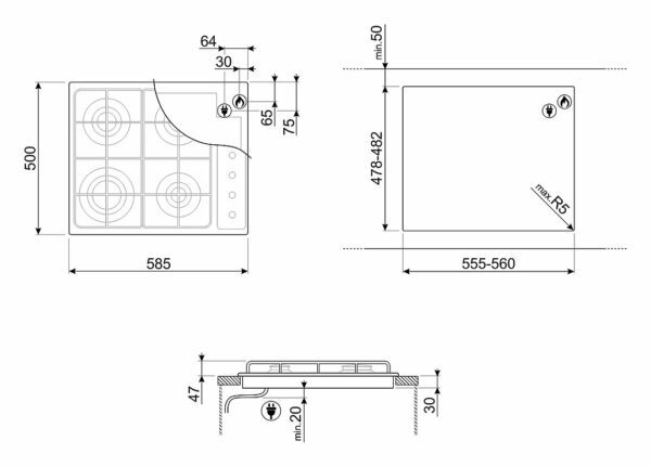Table de cuisson à gaz Smeg S64SB Selezione cm. 60 - 4 feux - blanc – Image 2