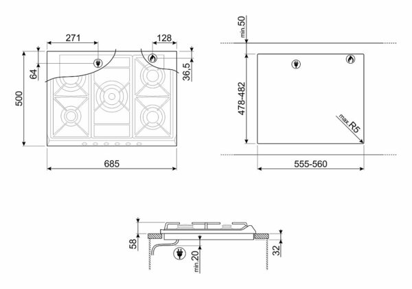 Table de cuisson à gaz Smeg SR275XGH2 Selezione cm. 70/75 - acier inoxydable – Image 2