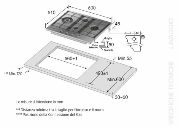 Table de cuisson à gaz Samsung NA64H3031BS/T1 cm. 60 - grille en fonte inox – Image 6