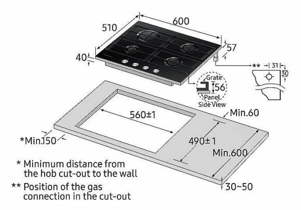 Table de cuisson à gaz Samsung NA64H3000AK/O1 cm. 60 - verre noir – Image 5