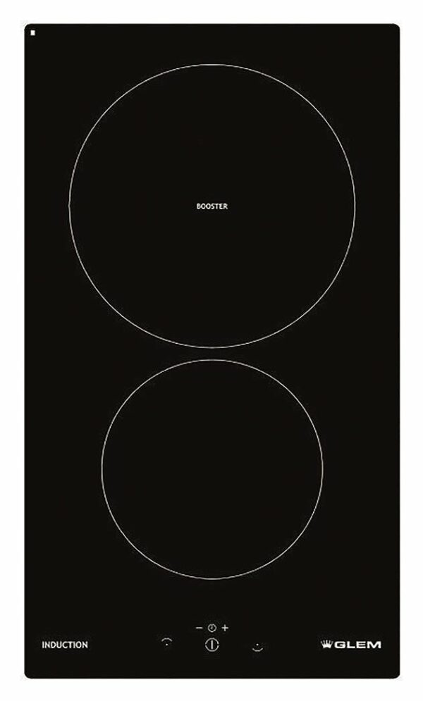 Plaque à induction noire GLEM GTI322 - Neuf: Zones de cuisson de 200 et 160 mm, sécurité garantie avec diamètre minimum de 10 cm